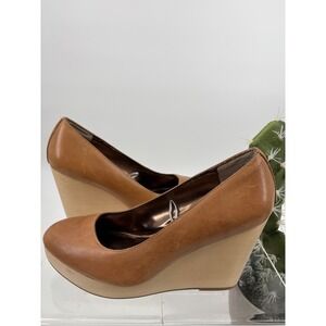 New Gap Wedge Heel Pumps Platform Round Toe Tan Brown Leather Shoes Size 8
